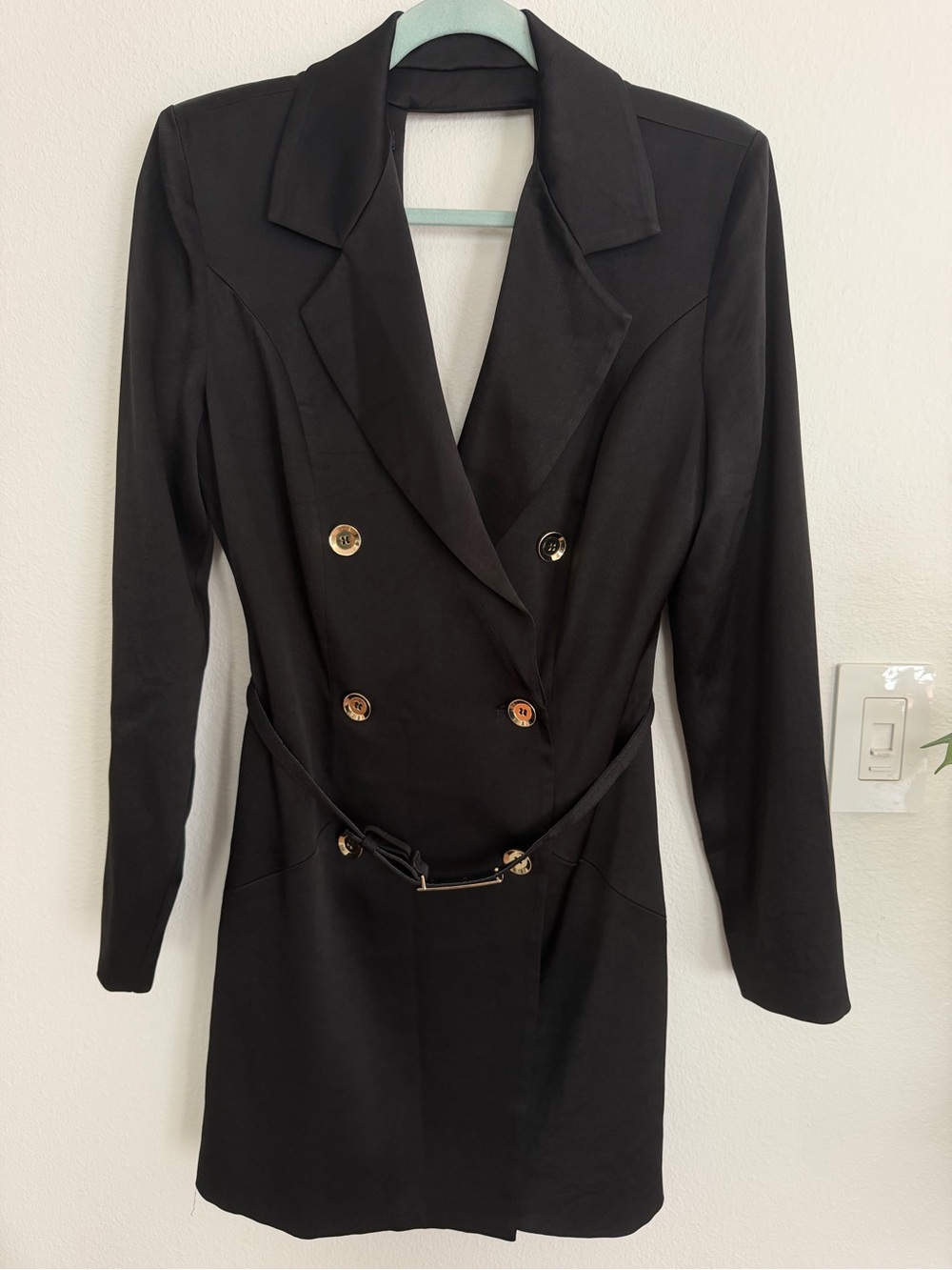bebe Black Double-Breasted Belted Blazer Dress with Gold Buttons size 10